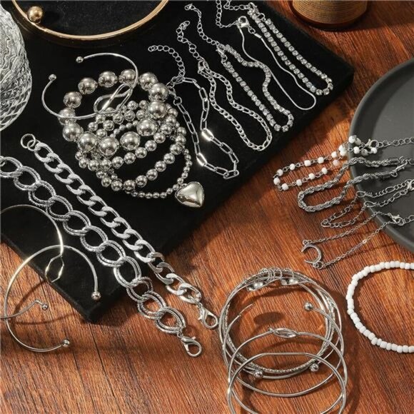 Stylish Silver Bracelet and Bangle Set – Multi-Layered Chain, Beaded & Cuff - Picture 4 of 8